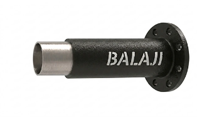 Cross section of a Balaji cast iron double flanged pipe showing the cast iron pipe and black bitumen coating