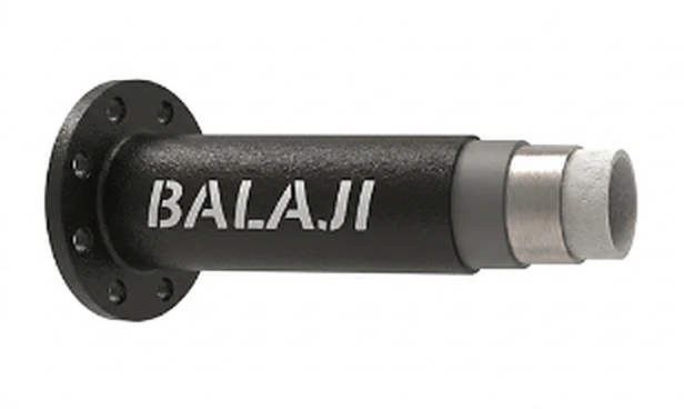 Cross section of a Balaji ductile iron double flanged pipe showing cement mortar lining, DI pipe, zinc coating and black bitumen coating